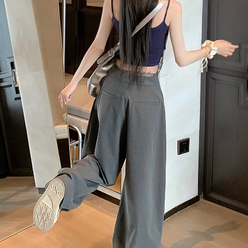 设计感拼接蕾丝灰色m西装裤女秋垂感高腰松弛感裤子宽松显瘦阔腿