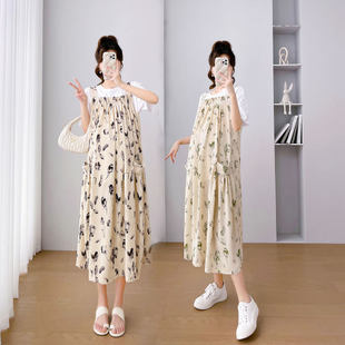 超大码孕妇背带碎花连衣裙夏季短袖宽松过膝怀孕期两件套装200斤