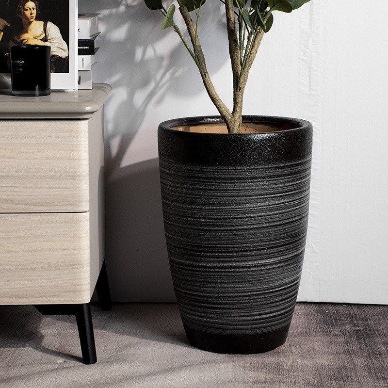 北欧风30cm大口径透气陶瓷花盆简约磨砂灰室内客厅庭院绿植专用