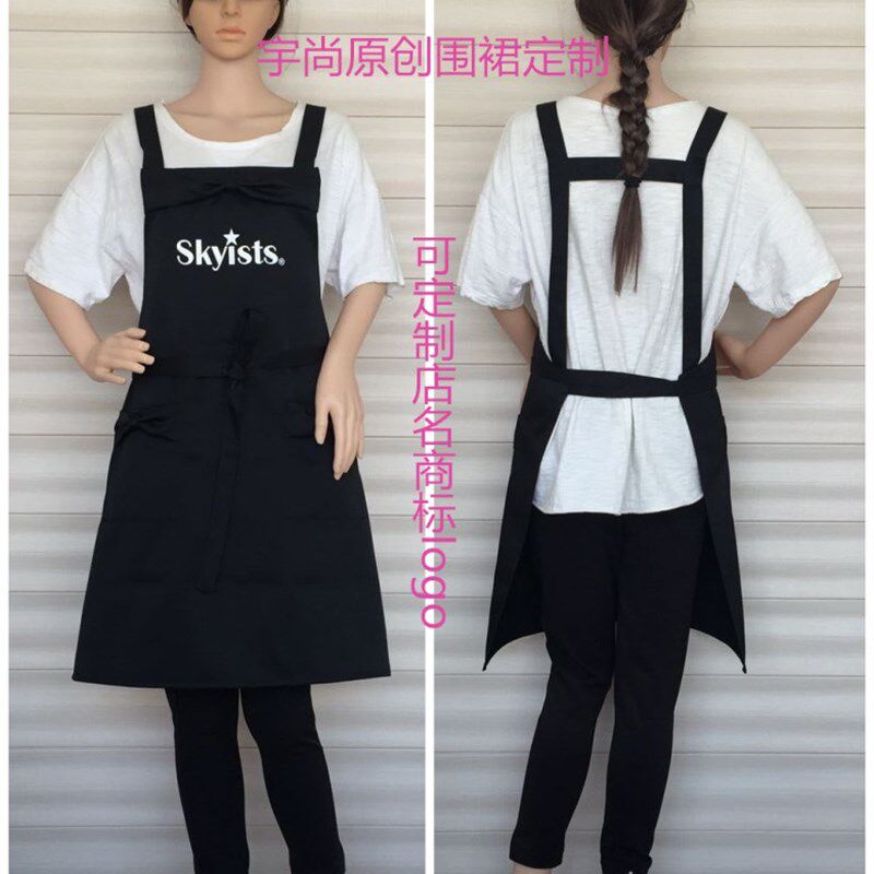 韩版黑色围裙咖啡美甲化妆饰品烘焙奶茶寿司广告围裙定制绣logo