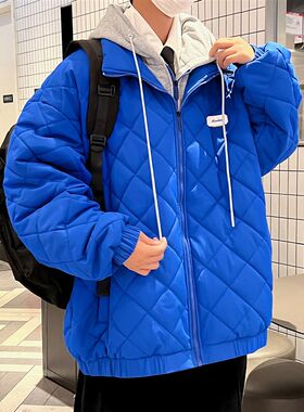 假两件棉衣男士冬季2022新款情侣冬装加厚菱形格羽绒棉服男款外套