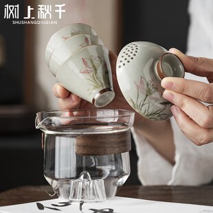 旅行茶具手绘玻璃盖碗茶杯大号单个不烫手功夫茶具手抓碗便携户外
