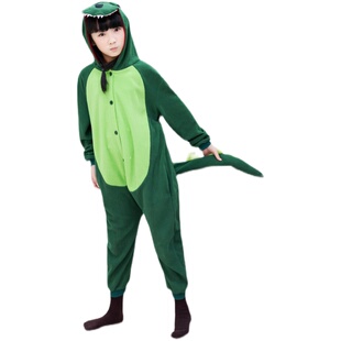秋冬季儿童款绿恐龙家居服卡通动物连体睡衣如厕版服摇粒绒亲子表