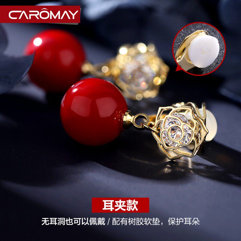 简约红色中国风耳环女无耳洞耳夹气质网红长款小耳坠个性耳饰