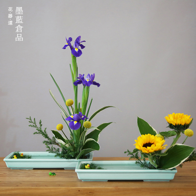 小原流长方形插花花器禅意插花器皿日式花道陶瓷花盘多肉植物花盆