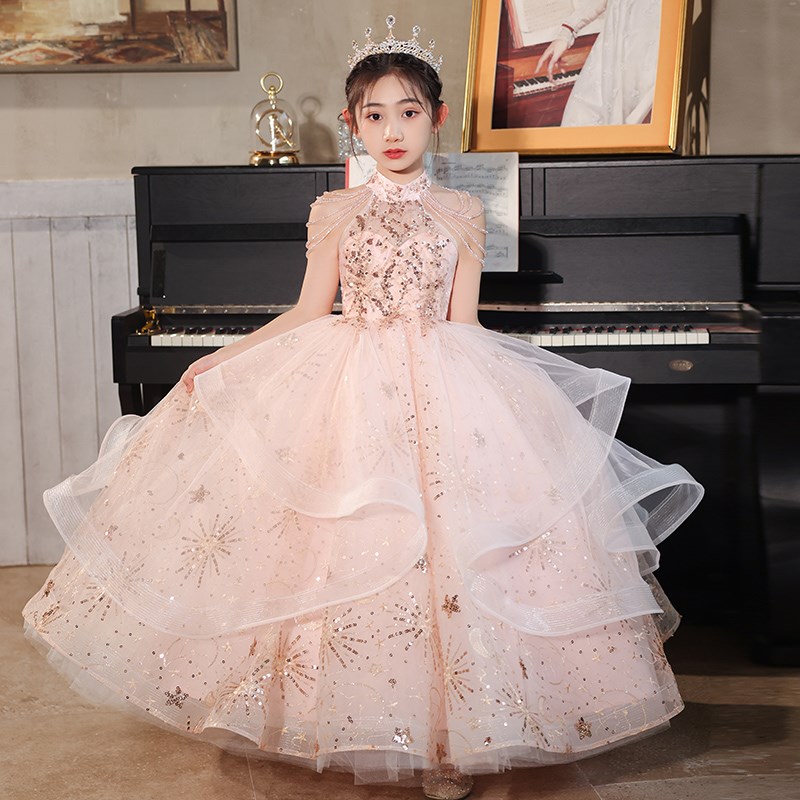 高端儿童晚礼服女童公主裙粉色花童小女孩挂脖主持人钢琴演出服夏