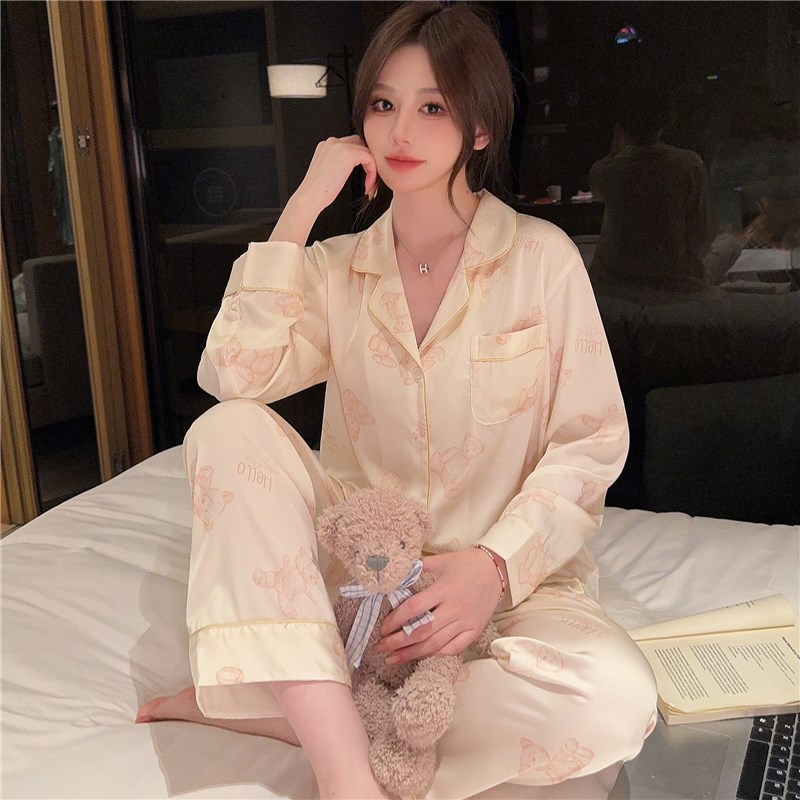 春夏秋季丝绸睡衣女套装长袖长裤卡通薄款冰丝韩版居家休闲家居服