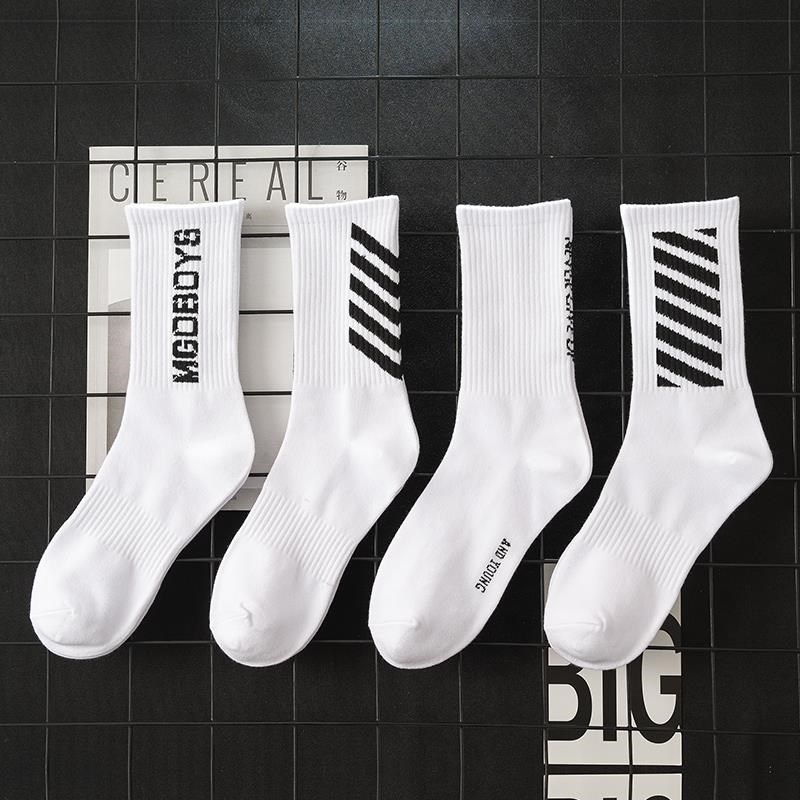 4双 长袜男潮流高帮长筒袜子白色字母条纹街头滑板袜学生韩版