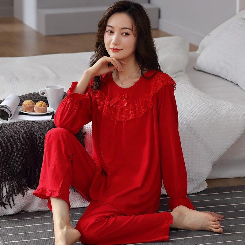 睡衣女士春秋季长袖2021年新款家居服秋冬款大红色本命年套装,女士内衣/男士内衣/家居服,睡衣/家居服套装,淘宝优惠券,粉丝福利购,淘宝优惠卷