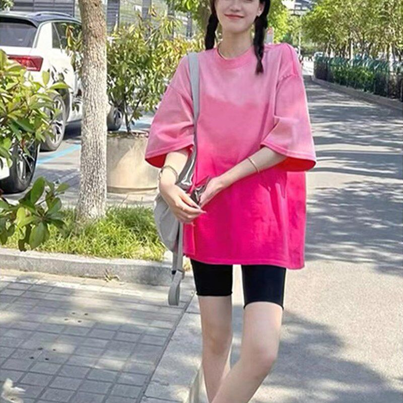 潮牌2023夏新款时尚洋气渐变色短袖T恤女韩版中长款下衣失踪上衣