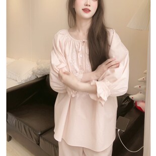 2024春夏季甜美睡衣女七分袖长裤日韩公主风透气家居服套装