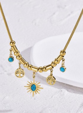 法式复古INS波西米亚风八t芒星生命树项链女镀18K金蛇骨链项饰