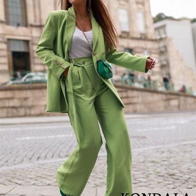 极速KONDALA 2022 Office Lady Solid Green Oversized Long Blaz