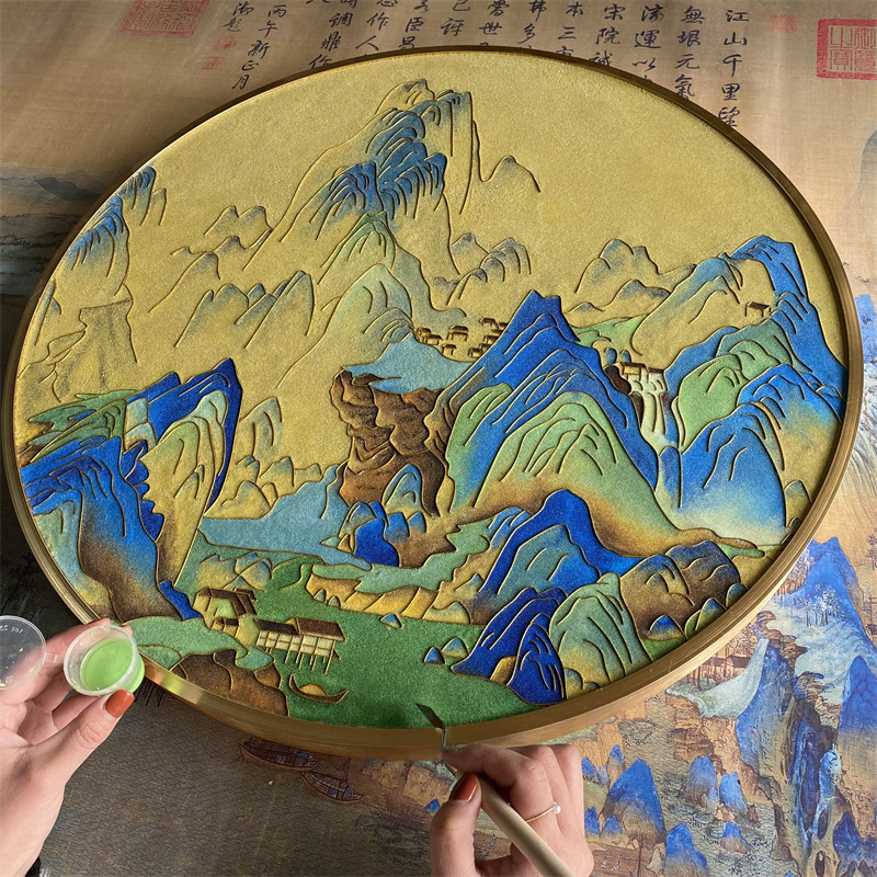 掐丝珐琅画diy千里江山图新中式青绿山水装饰挂画景泰蓝工艺画