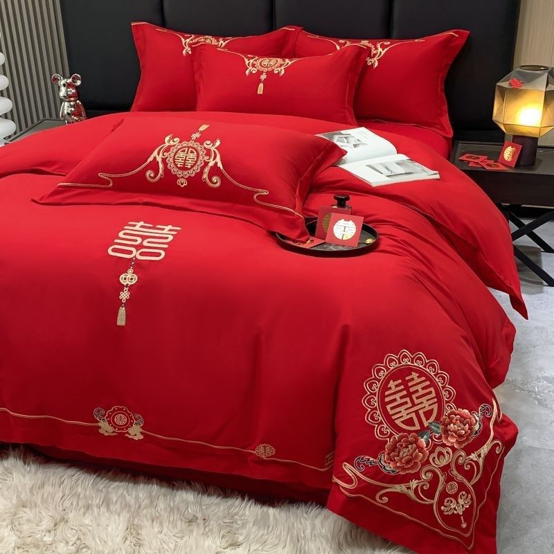 结婚四件套婚庆红色婚房喜被床单刺绣被套被单婚礼大红色床上用品,床上用品,婚庆床品套件,淘宝优惠券,粉丝福利购,淘宝优惠卷