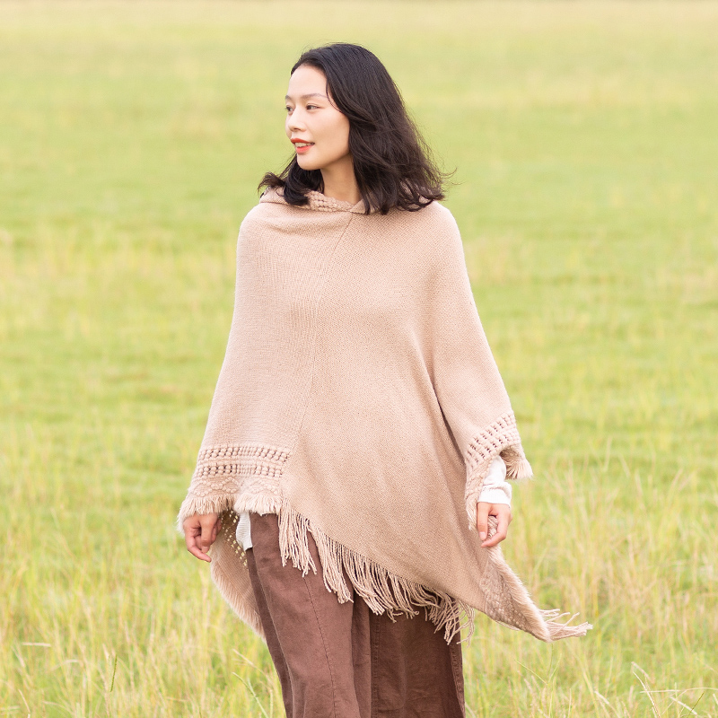 纯色带帽披巾女针织外搭春秋保暖流F苏连帽套头斗篷加厚披肩秋冬