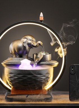 小号陶瓷大象流水摆件招财客厅循环水喷泉中式禅意茶台桌面装饰品