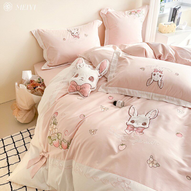 新品可爱小兔子120S长绒棉床单B四件套全棉纯棉被套少女心高档床