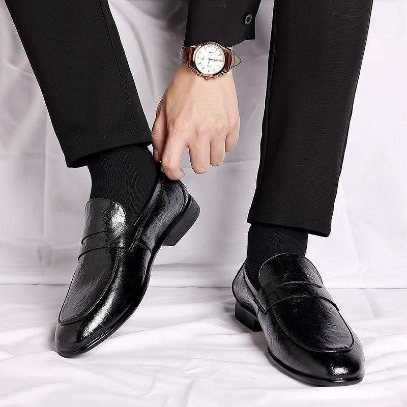 皮鞋男款秋冬季懒人一脚蹬单层软皮软底正装男士商务休闲豆豆鞋