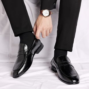 皮鞋男款秋冬季懒人一脚蹬单层软皮软底正装男士商务休闲豆豆鞋