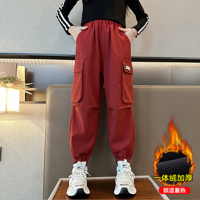 女童加绒工装裤秋冬外穿r儿童一体绒加厚裤子大童冬季休闲运动厚