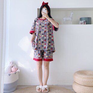 情侣纯棉卡通睡衣男女短袖 短裤 加肥大码 两件套胖mm宽松家居服夏季