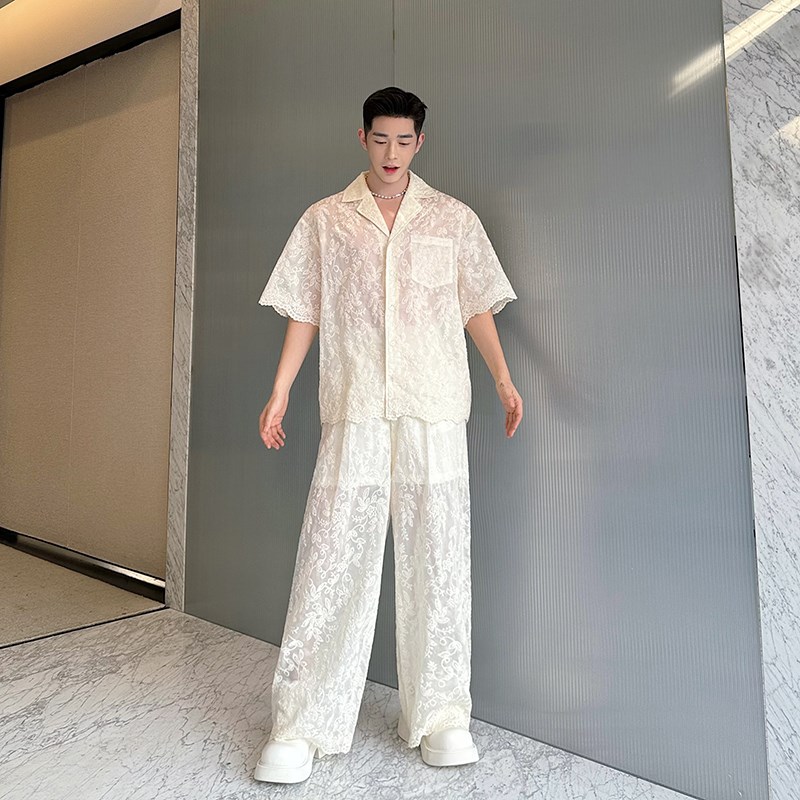 夏季高级感蕾丝花边微透短袖衬衫套装男设计感阔腿长裤气质两件套