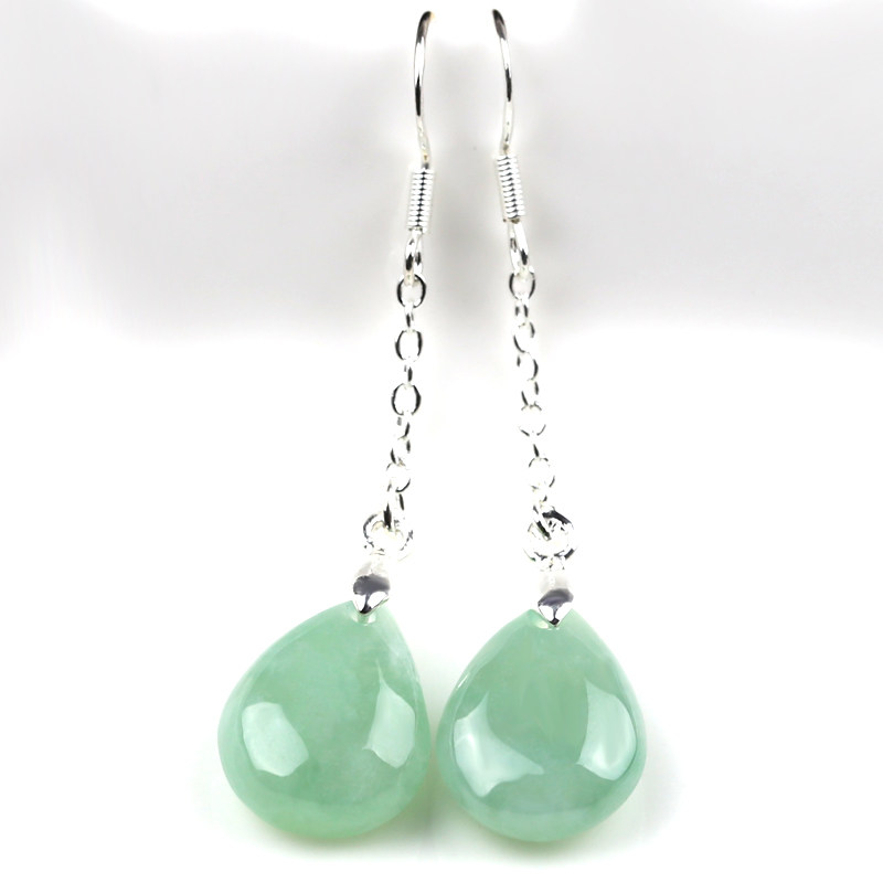 翡翠a货环滴玉耳环 女款长版耳饰水s如意滴925纯银玉石耳水送女友