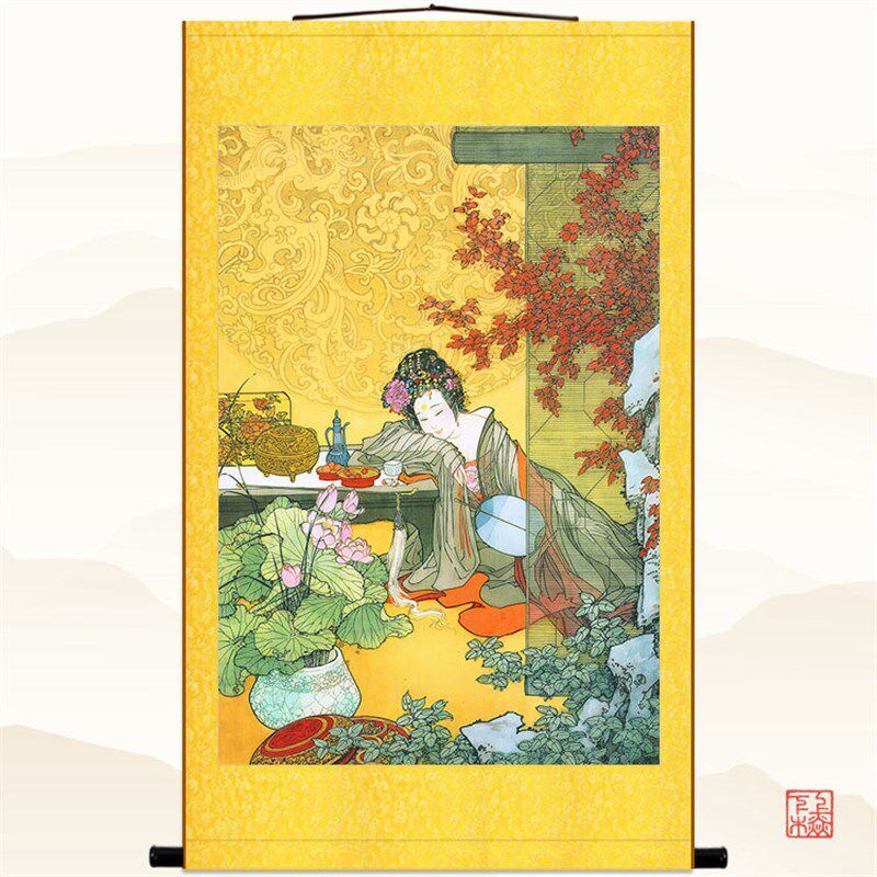 贵妃醉酒图 杨玉环古代仕女美女人物画像 绢布卷轴挂画复古装饰画