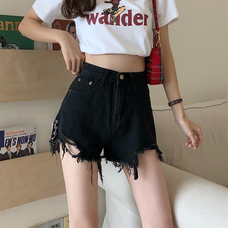 破洞毛边牛仔短裤女夏季薄款高腰大码胖MM宽松显瘦辣妹A字热裤