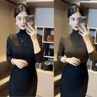 高领网纱打底衫女秋冬新款加绒加厚内搭可外穿长袖T恤高级感上衣