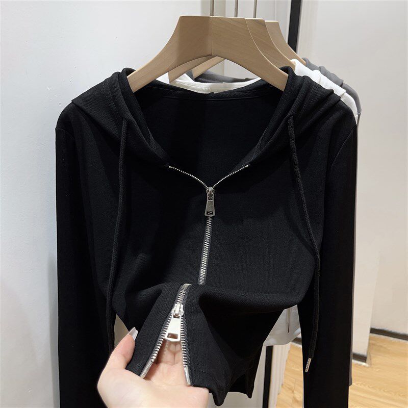 双拉链开b衫外套女长袖春秋季新款上衣连帽衫修身灰色小众短款卫