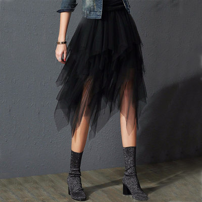 网红Irregular Tulle Skirt Women Summer High Waist Skirt Up P