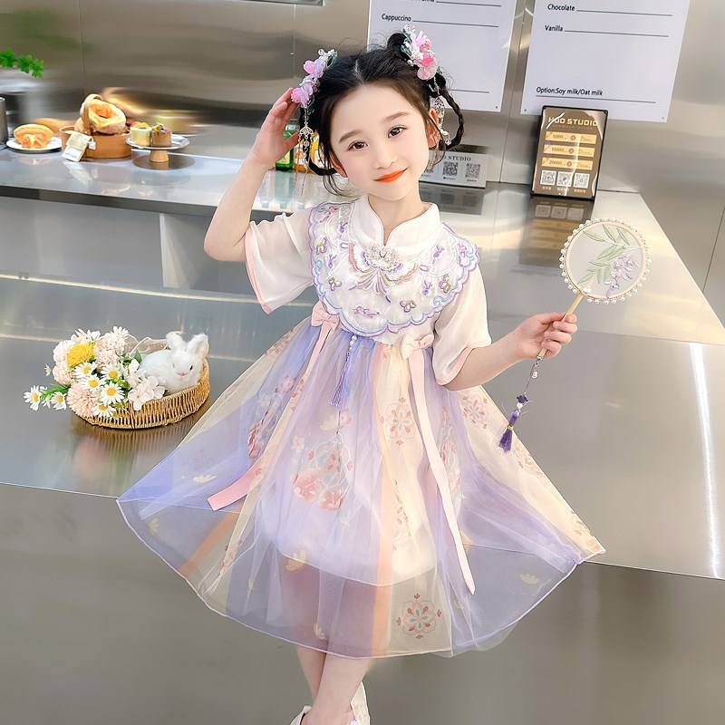 现货女童超仙夏季短袖汉服连衣裙女宝宝I古装高级感唐装裙子夏装