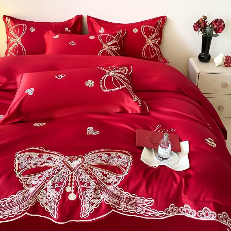 新中式喜字刺绣被套四件套床单被罩大红色陪嫁婚庆床笠床品,床上用品,婚庆床品套件,淘宝优惠券,粉丝福利购,淘宝优惠卷