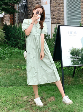 孕妇裙子夏天外出棉麻透气中长款碎花裙大码宽松夏季孕妇装连衣裙