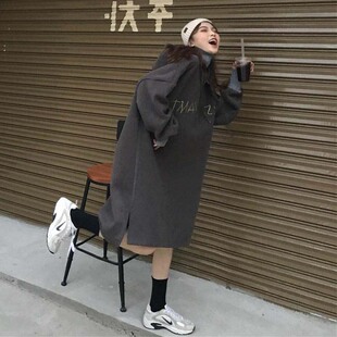 胖MM秋季加绒宽松中长款连衣裙女300斤240大码女装半高领连帽卫衣