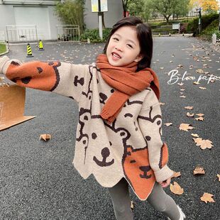 女童洋派毛衣2023秋冬新款女孩B时尚加厚韩版中长版儿童针织衫上