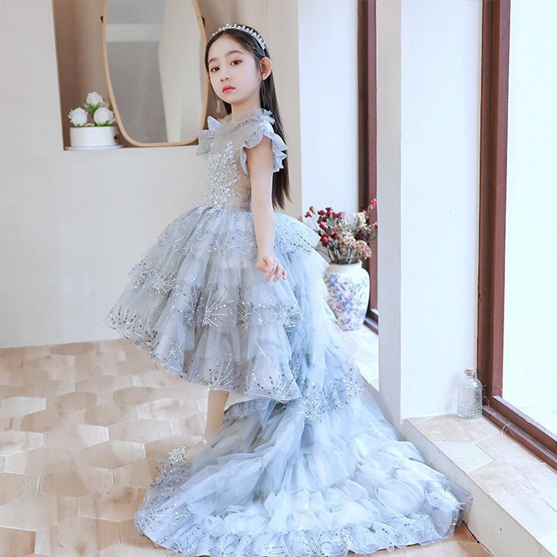 小主持人礼服女童高端模特走秀气质拖尾裙儿童生日钢琴演奏演出服