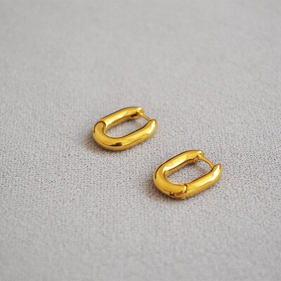 法式celi风g情极简黄铜镀真金U型HOOP椭圆圈粗笨个性气质耳钉耳饰