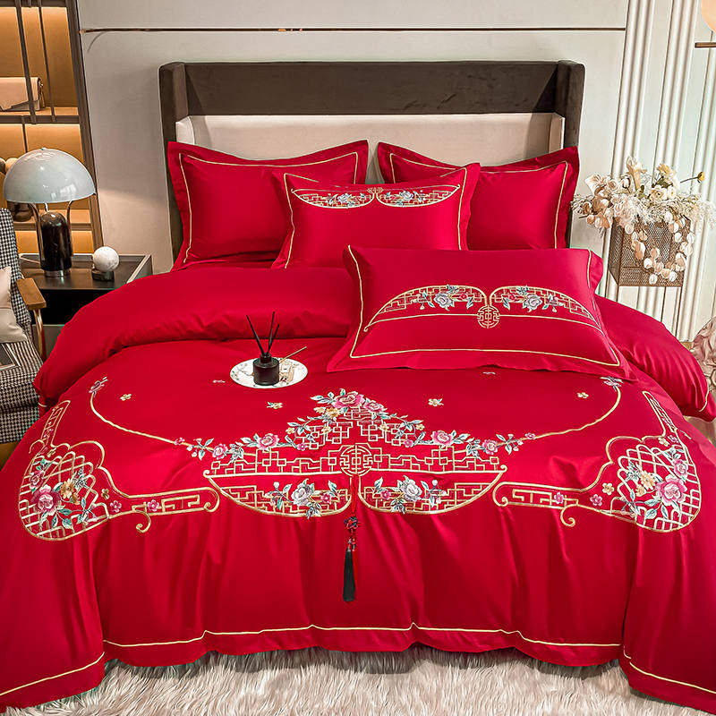 新中式60支全棉婚庆刺绣四件套简约大红色新婚被套床上用品六件套,床上用品,婚庆床品套件,淘宝优惠券,粉丝福利购,淘宝优惠卷