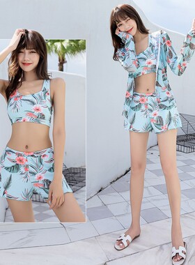 泳衣天蓝色女四件套保守遮肚显瘦2020新款仙女范in风日系分体长袖