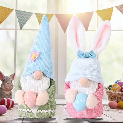 推荐Easter Gnome Doll Hold an Egg Rabbit Elf Bunny Easter Gi