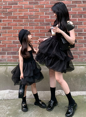 小屿非屿 亲子装连衣裙夏季新款2023母J女黑色吊带裙网纱蓬蓬裙潮