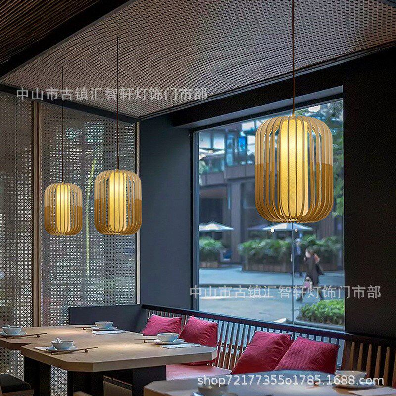 现代中式餐厅客厅茶室笼子木吊灯火锅店民宿木艺吊灯单头日式灯具