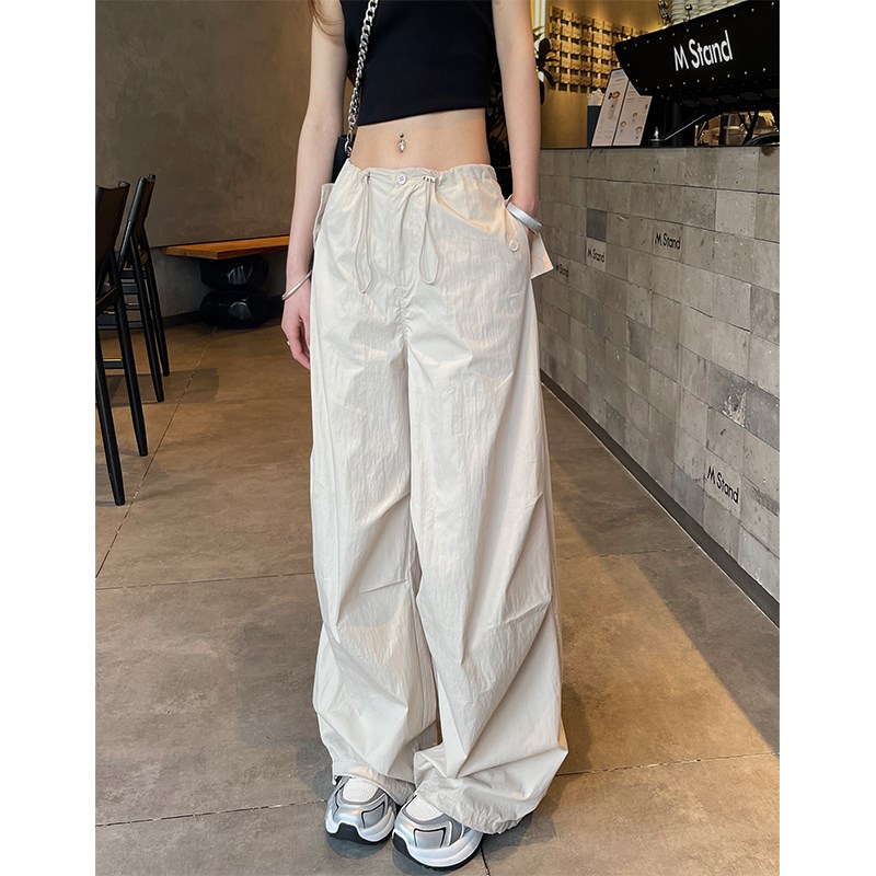 白色美式工装裤女夏季2024新款小个F子宽松显瘦阔腿裤速干降落伞