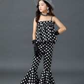 女童复古港风味走秀潮服2021夏新款 薄喇叭裤 波点抹胸吊带跳舞潮服