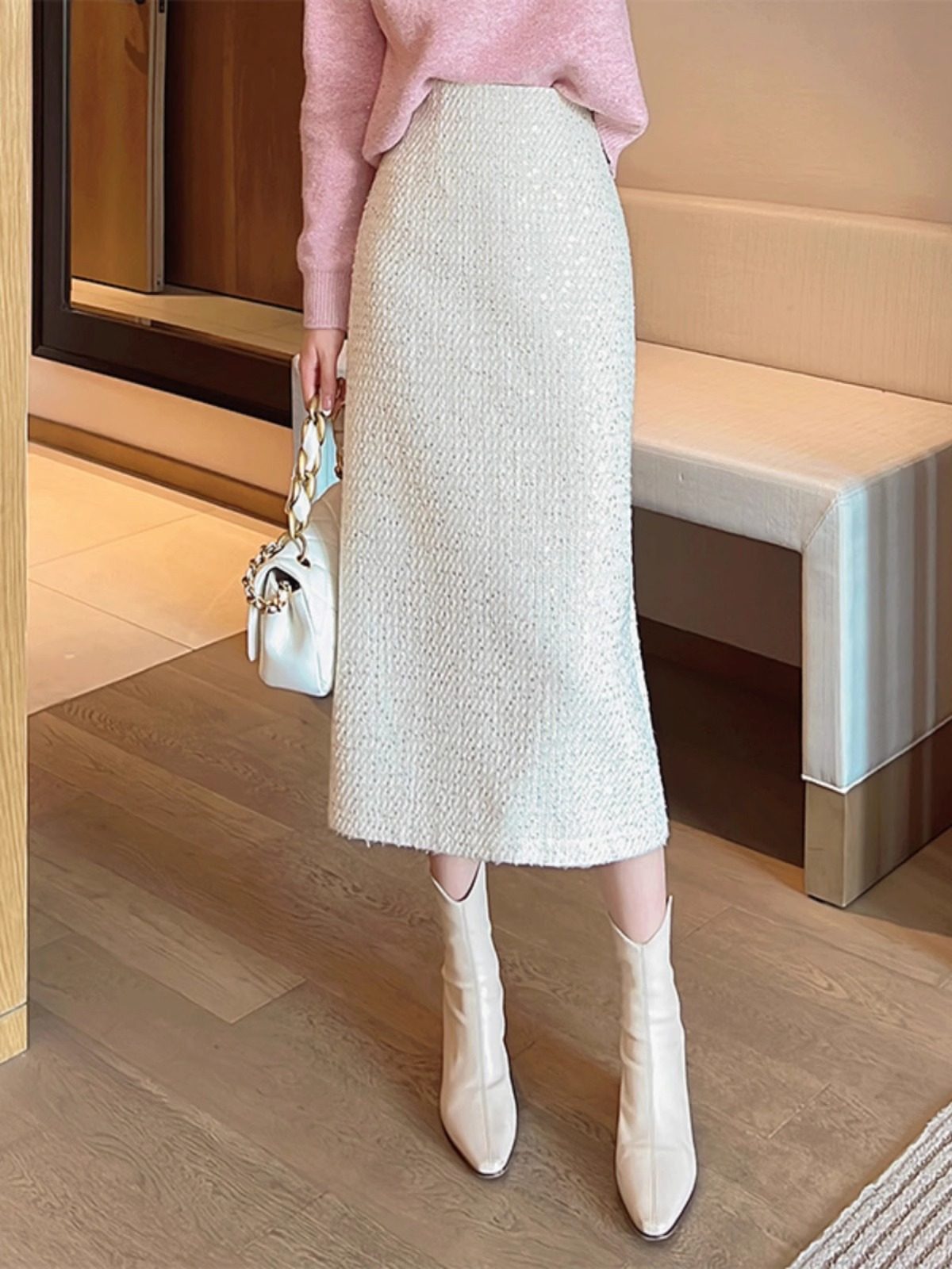 小香风亮片半身裙女秋冬2023新款高腰显瘦后开叉包臀裙直筒裙子女