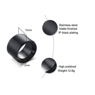 新品15mm Men Band Black Stainless Steel Wide Bulky Ring for