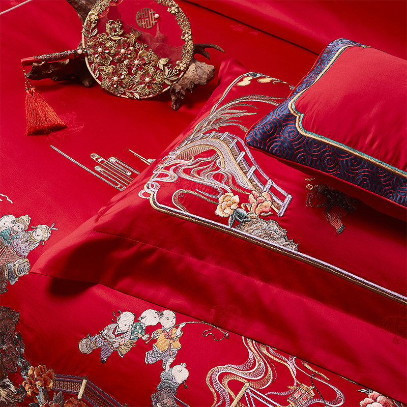 喜被四件套结婚j纯棉大红色刺绣百子图新中式婚庆床上用品十件套,床上用品,婚庆床品套件,淘宝优惠券,粉丝福利购,淘宝优惠卷